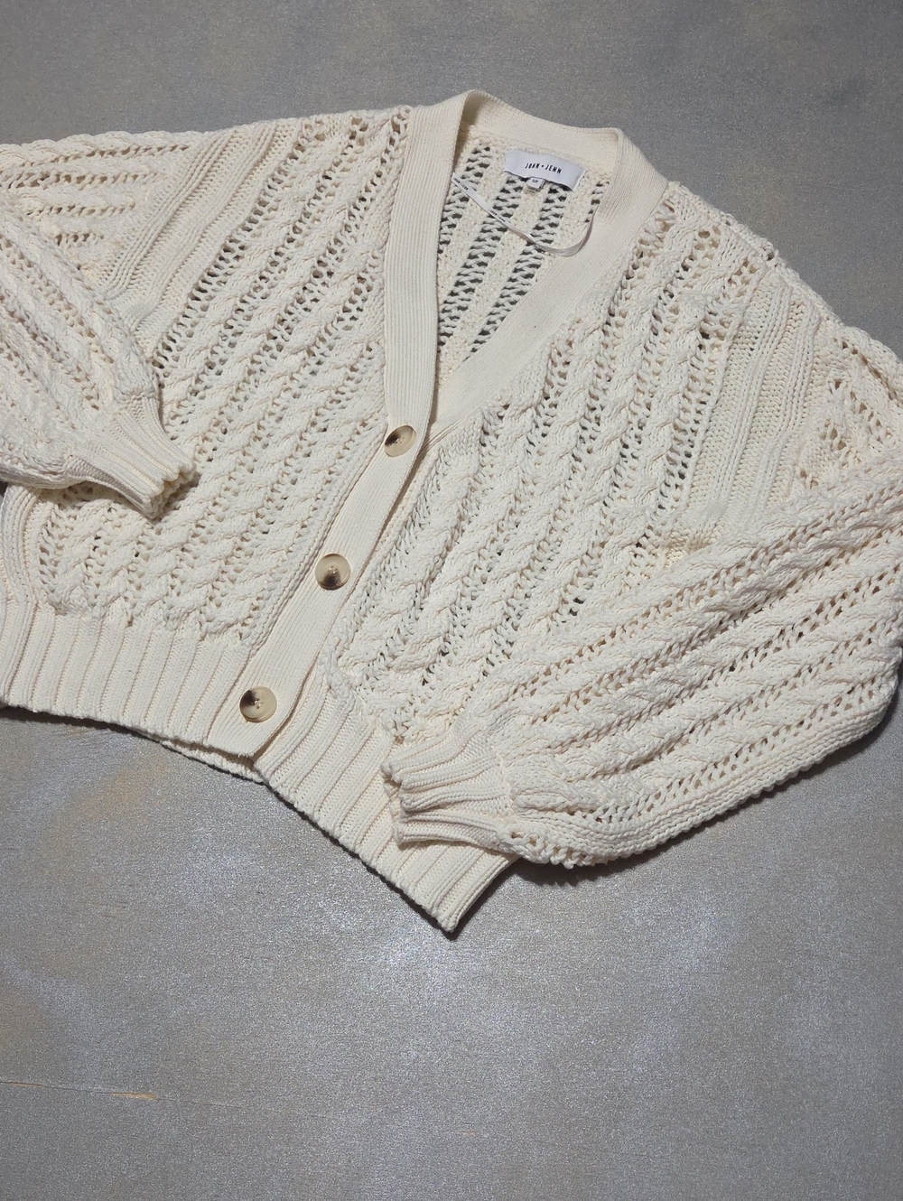 John + Jenn Cream Open-Knit Cropped Button Cardigan